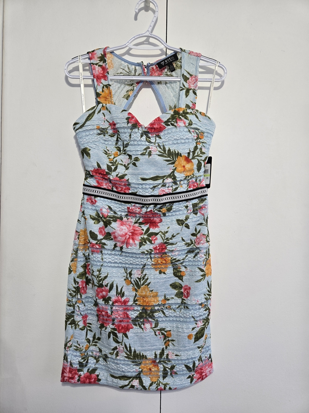 GUESS Floral Bodycon Dress Size 4 Blue Lace Overlay Cutout Back Sleeveless NWT